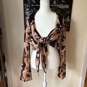 Urban Outfitters front tie blouse, black/brown floral tigers dragons